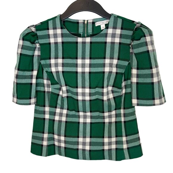 Eva Mendes Blouse Size 2 Green Plaid Puff Short Sleeve Popover Top Extra Small - Picture 1 of 10